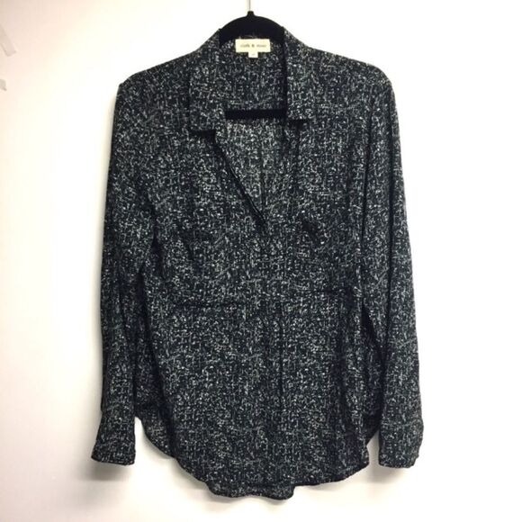 ANTHROPOLOGIE Cloth & Stone Button Front Blouse Black White Print M - Picture 3 of 6